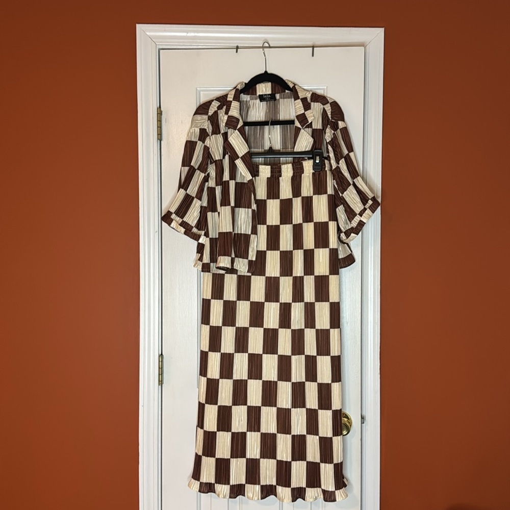 Dressed in LALA Brown and Cream Checkered Skirt Set